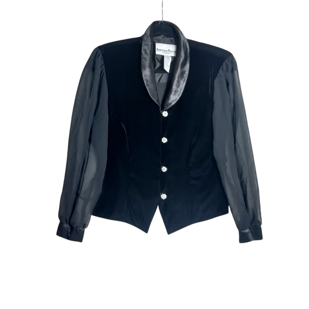 Another Thyme Black Velvet Sheer Sleeve Evening Jacket Rhinestone Button Size PM